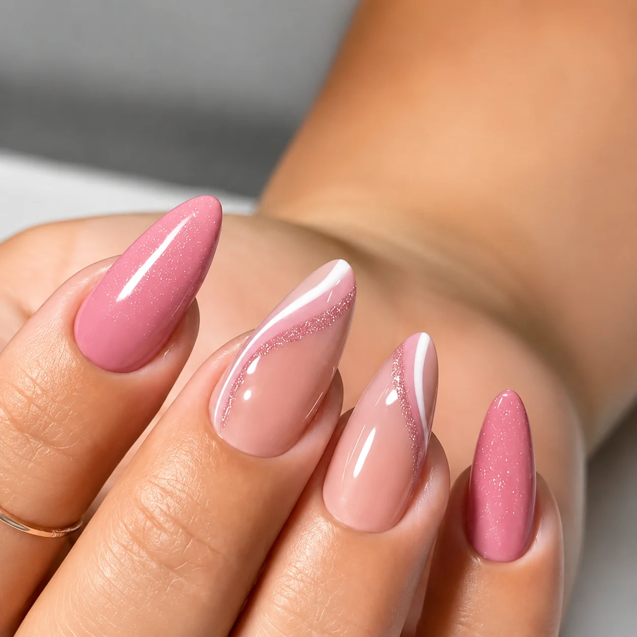 Dusty rose almond with glitter accent