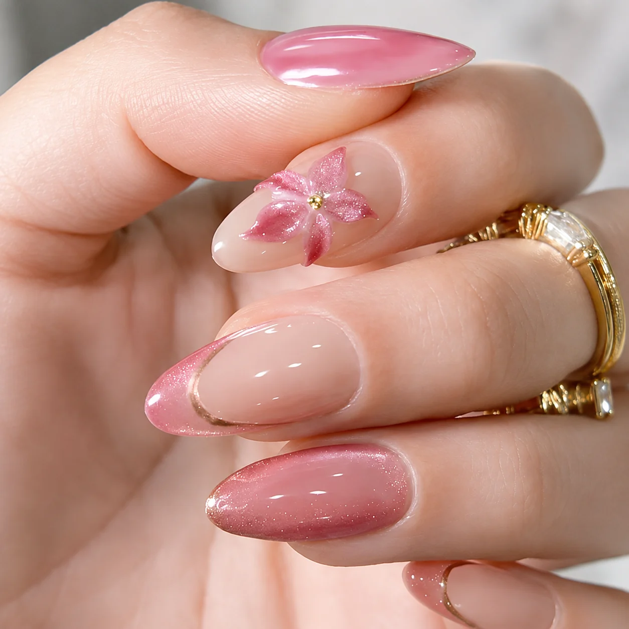 Rose glaze almond nails with 3D flower