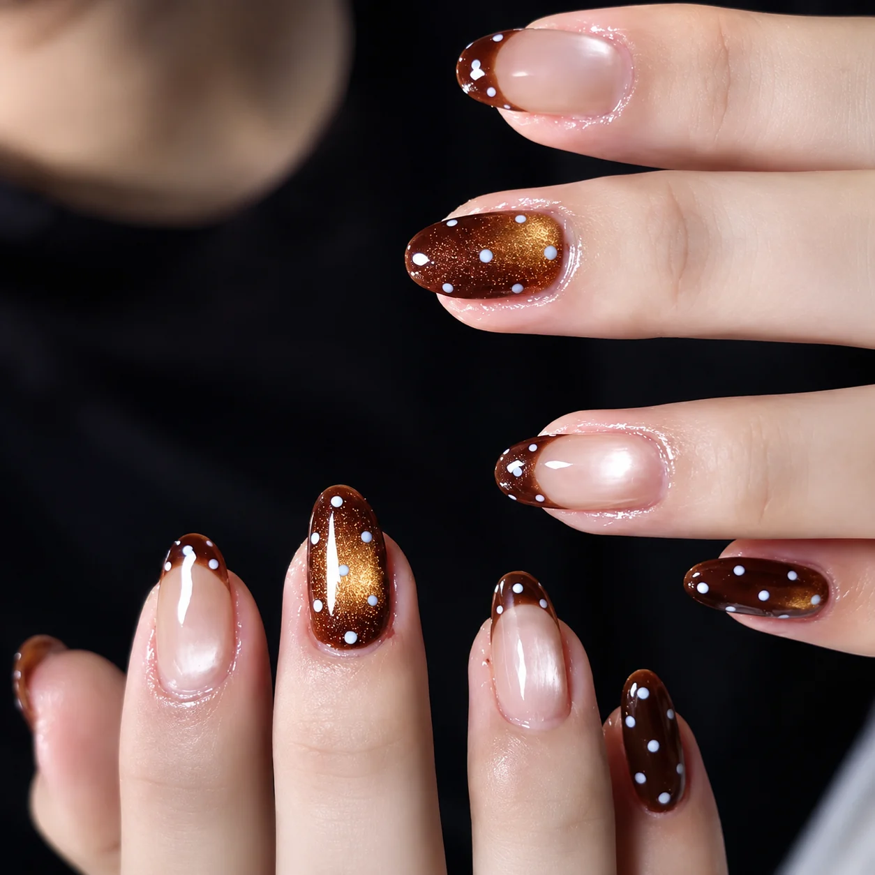 Chocolate glitter French with white dots