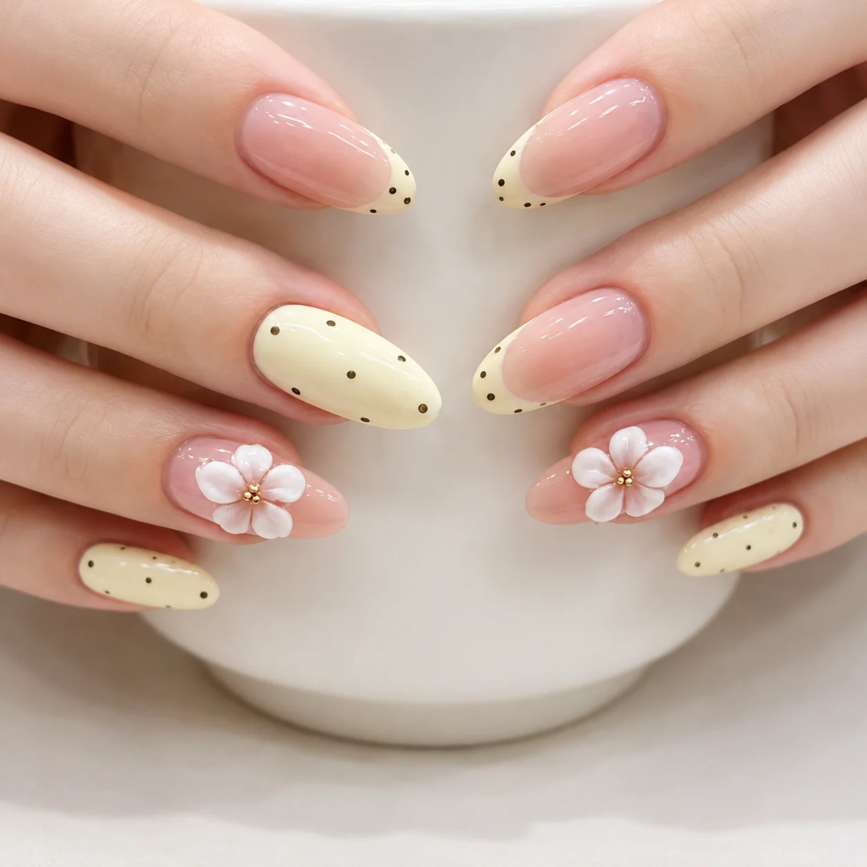 Butter yellow with 3D daisies and polka dots
