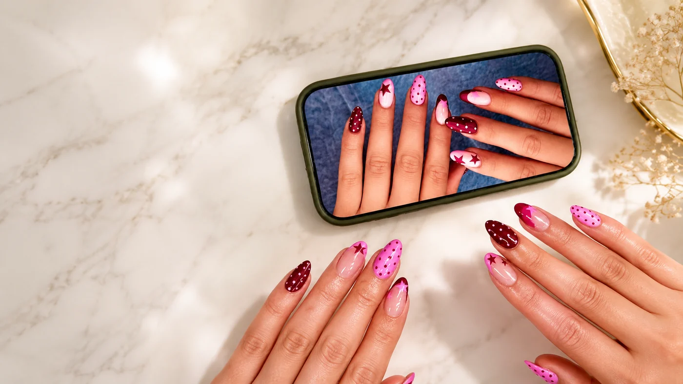 Wine glitter nails — fresh from the salon